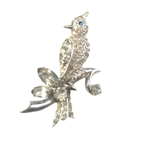 1950s Kramer New York Rhodium Rhinestone Bird Pin Brooch - Picture 1 of 4